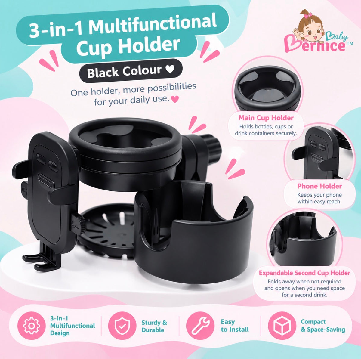 3-in-1 Expandable Stroller Double Cup Holder & Phone Holder | Convertible 2-Cup Drink Stand