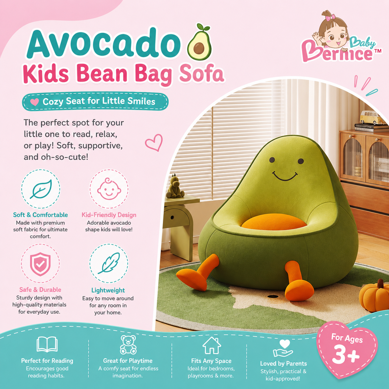Avocado Kids Bean Bag Sofa | Soft Corduroy Plush Chair for Kids (3+ Years)