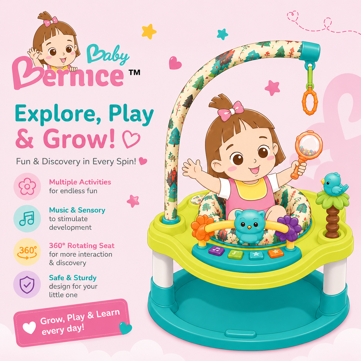 Baby Bernice Woodland 360° Activity Center | Rotating Jumperoo | Baby Activity Seat | Music & Sensory Play | 6-24 Months
