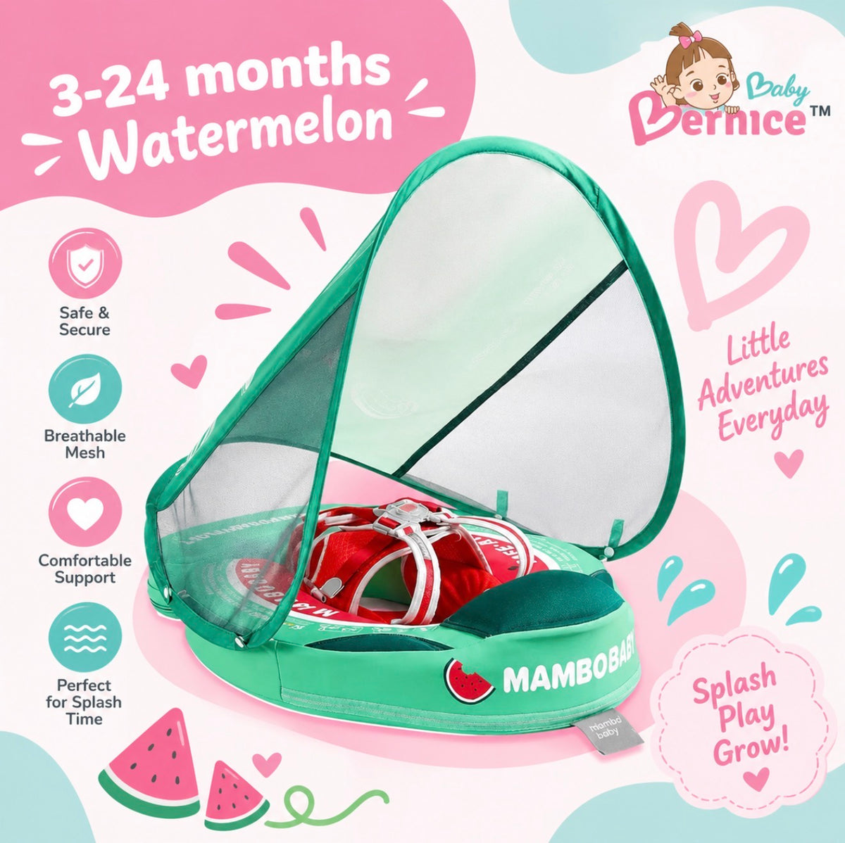 Mambobaby Non-inflatable Baby Swim Float Waterproof Baby Swimming Float Skin-friendly Swim Trainer with Tail Float + Sun Canopy