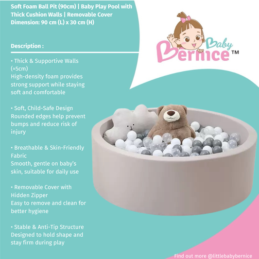 Soft Foam Ball Pit (90cm) | Baby Play Pool with Thick Cushion Walls | Removable Cover