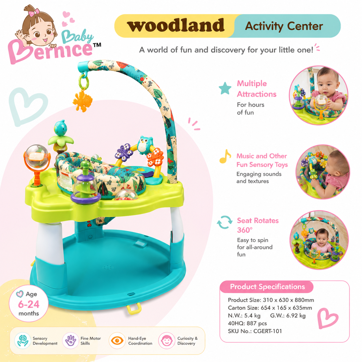 Baby Bernice Woodland 360° Activity Center | Rotating Jumperoo | Baby Activity Seat | Music & Sensory Play | 6-24 Months