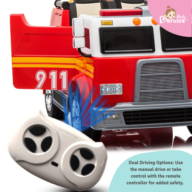 911 Fire Truck Kids Electric Ride-On Car with Bluetooth, Adjustable Seat & Water Hose