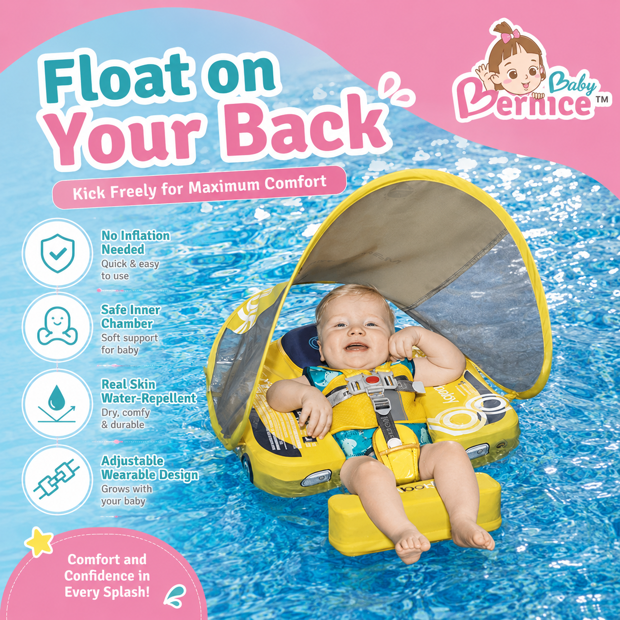 Baby Bernice Premium Baby Swim Float with UPF50+ Sun Canopy | Solid Back Support | Detachable Tail Float