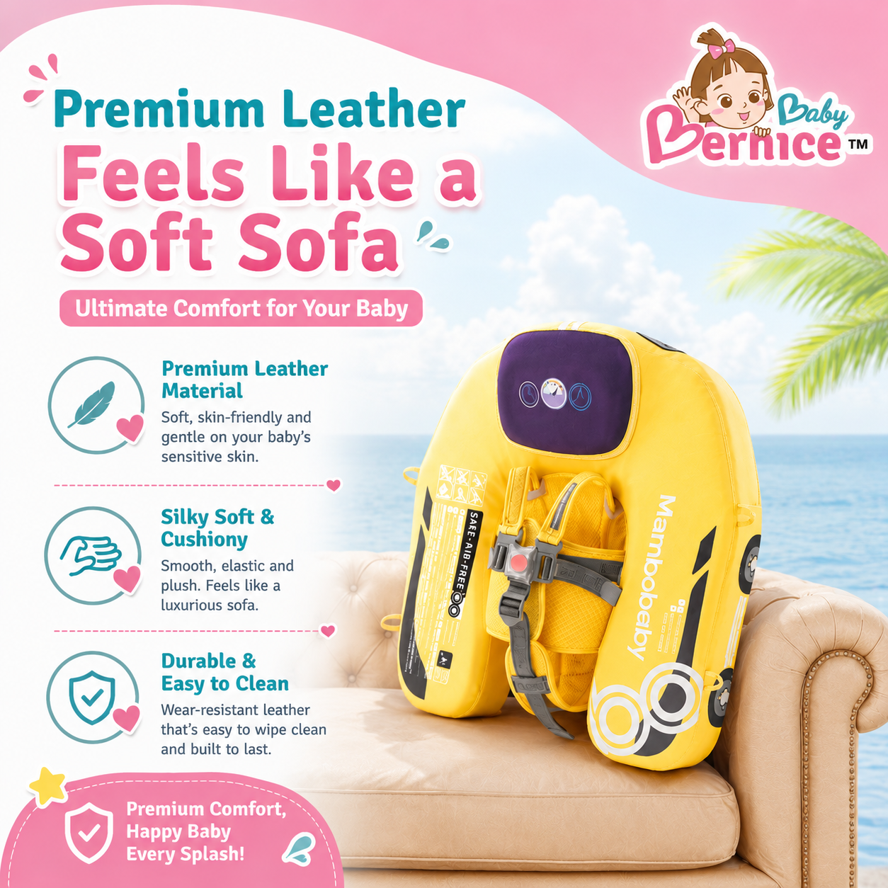Baby Bernice Premium Baby Swim Float with UPF50+ Sun Canopy | Solid Back Support | Detachable Tail Float
