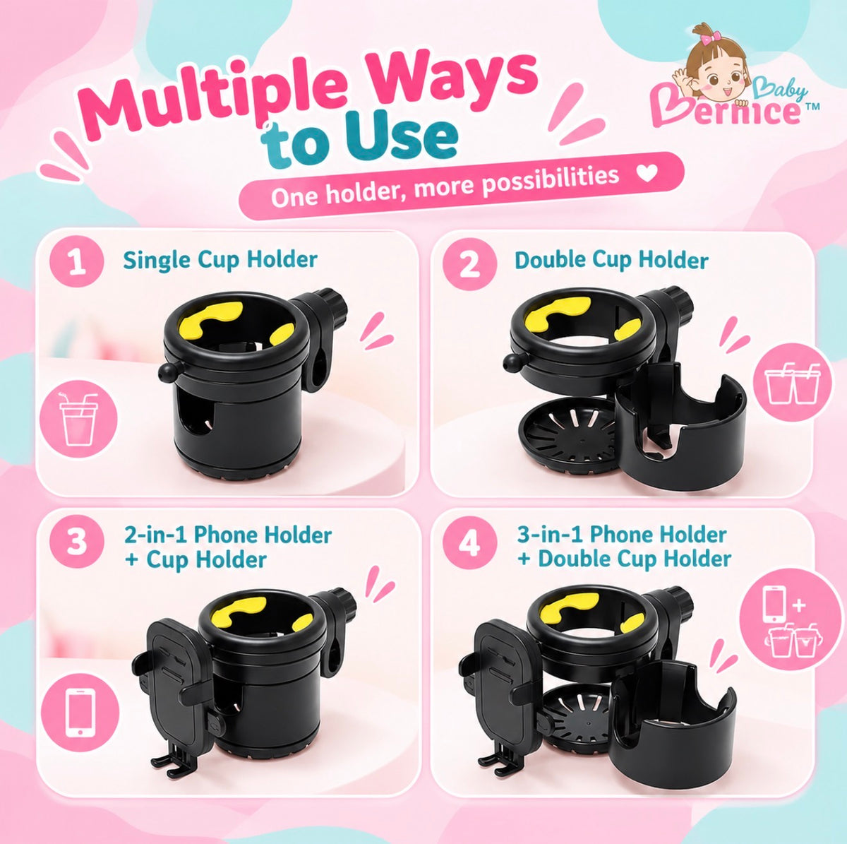 3-in-1 Expandable Stroller Double Cup Holder & Phone Holder | Convertible 2-Cup Drink Stand