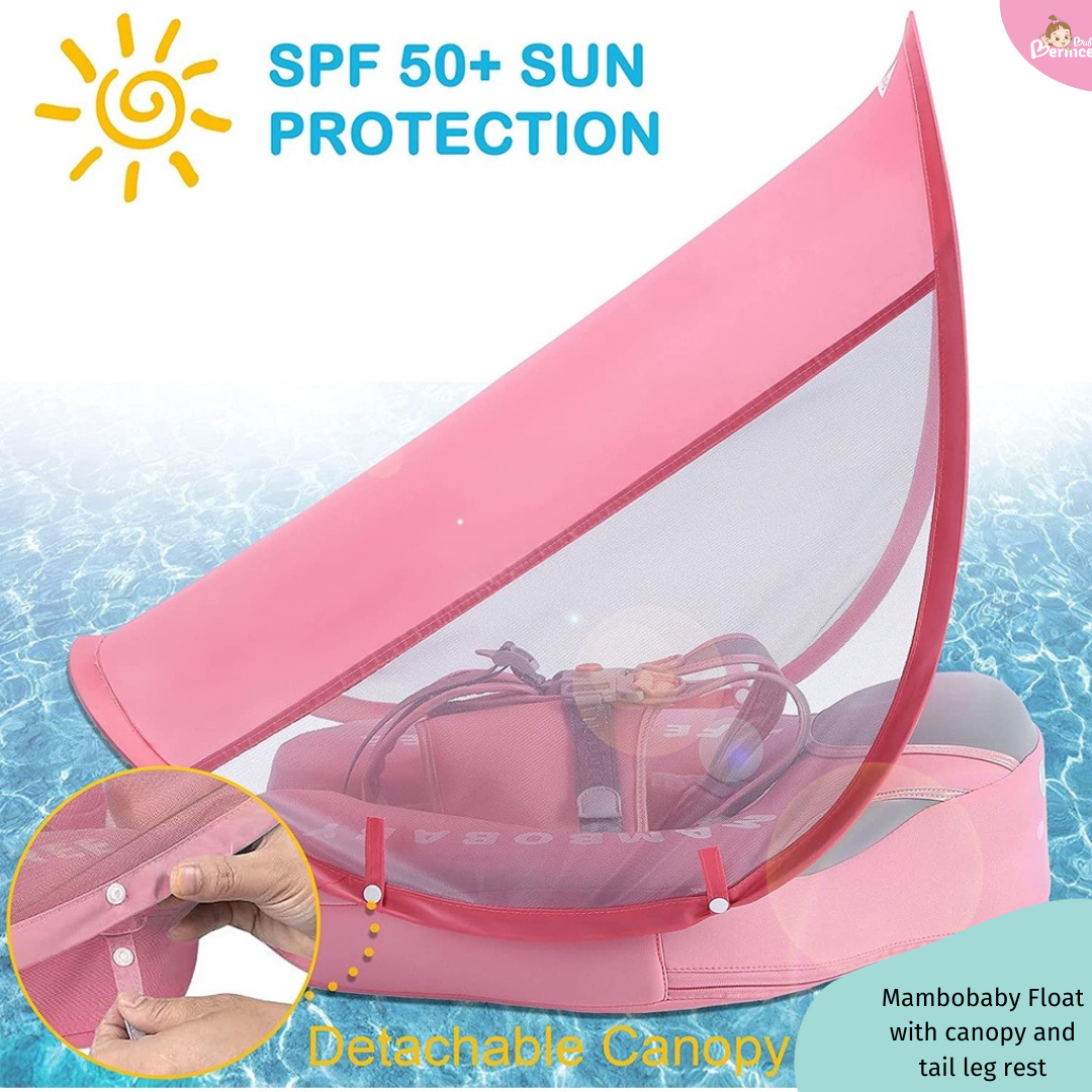 Mambobaby Non-inflatable Baby Swim Float Waterproof Baby Swimming Float Skin-friendly Swim Trainer with Tail Float + Sun Canopy