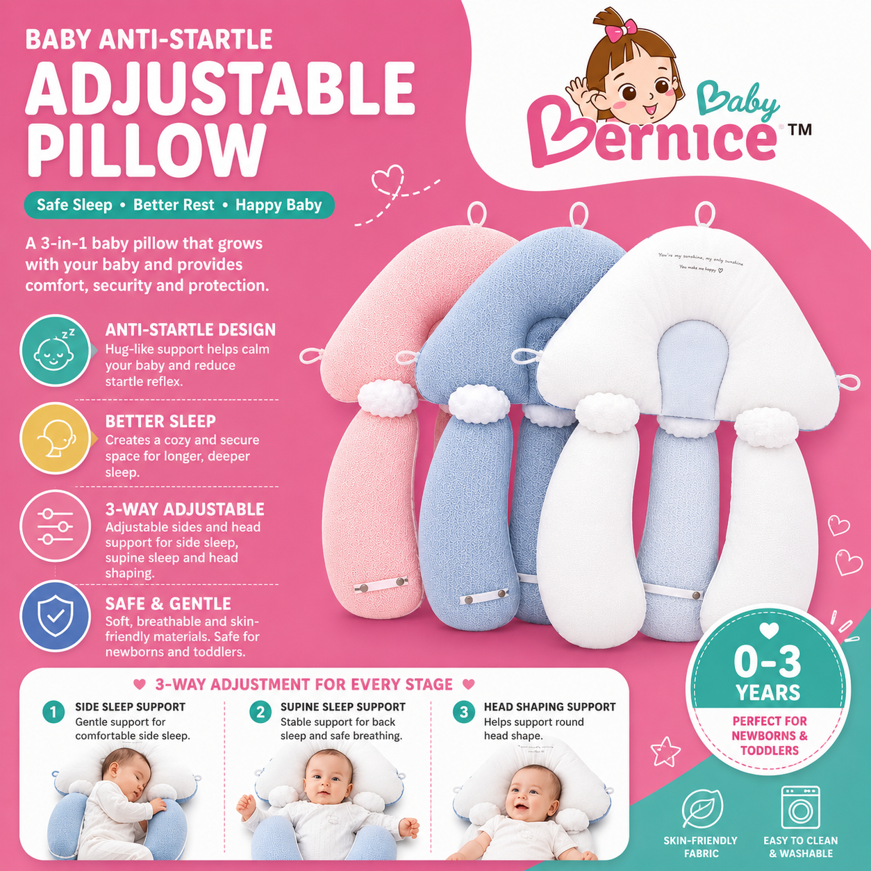 Baby Anti Flat Head Pillow for Newborns & Toddlers | Adjustable Sleeping Pillow Cushion | 0–3 Years