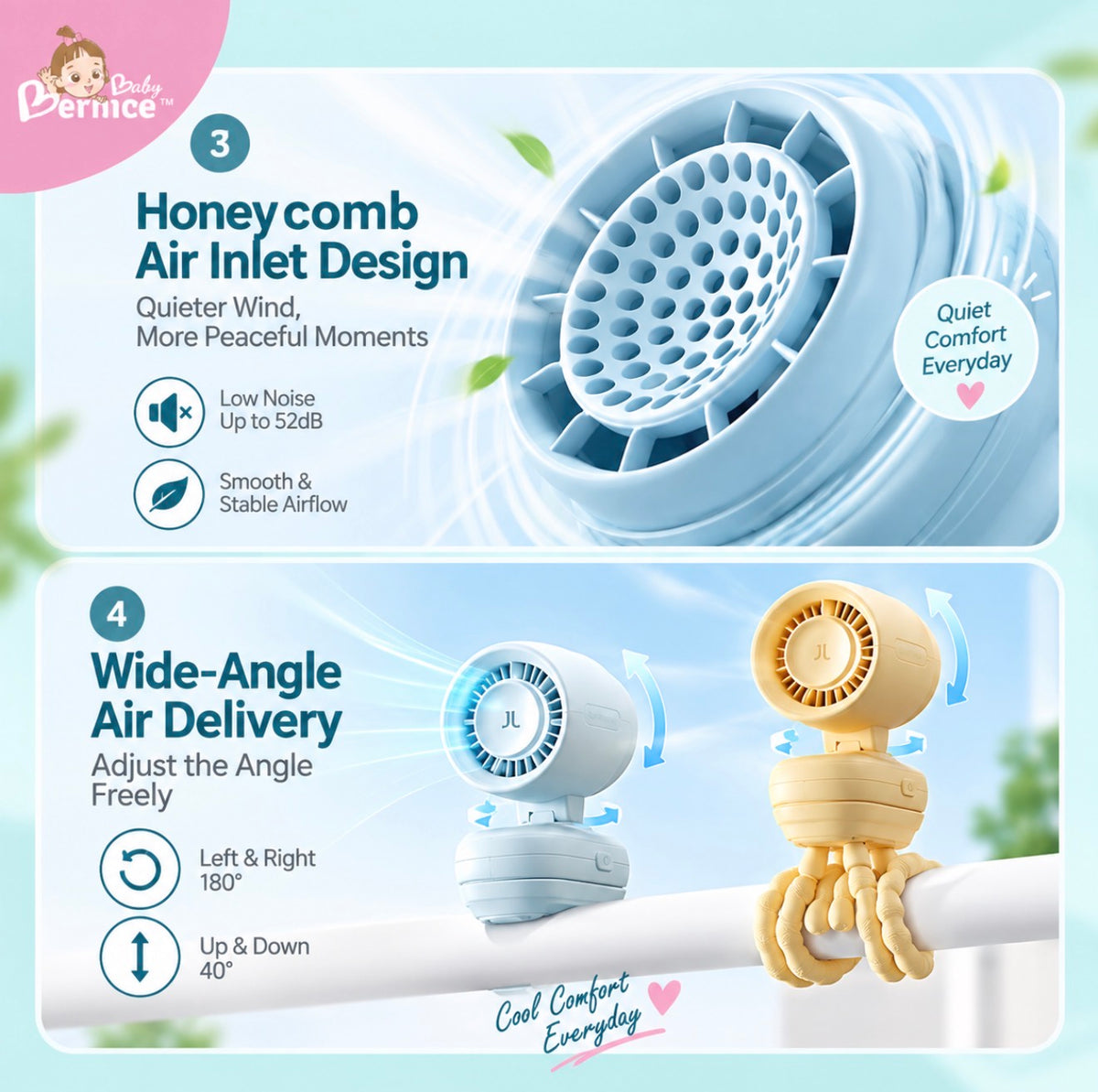 JisuLife Life3 Baby Stroller Fan – 100-Speed Portable Rechargeable Fan with Flexible Octopus Base, 180° Auto Swing & Night Light