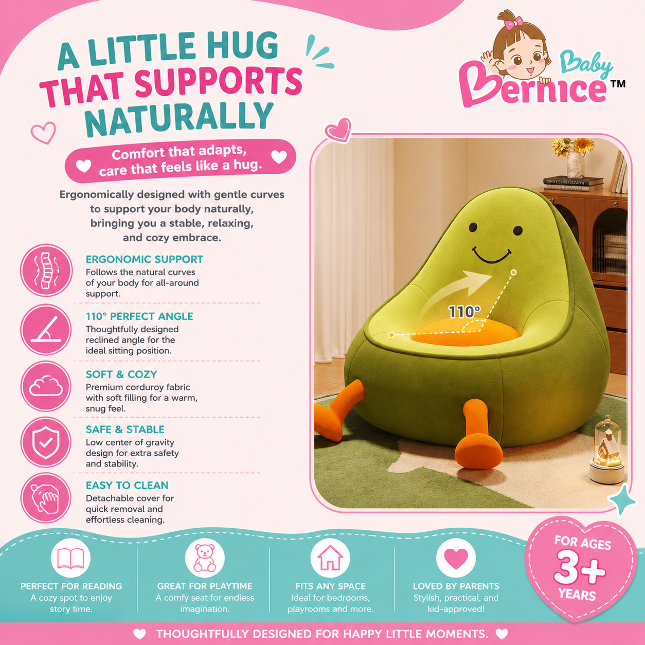Avocado Kids Bean Bag Sofa | Soft Corduroy Plush Chair for Kids (3+ Years)