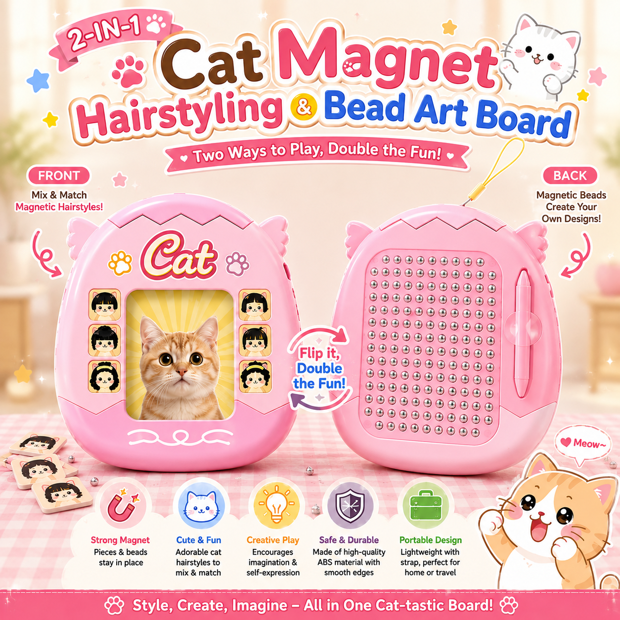 2-in-1 Cat Magnetic Hairstyling & Bead Art Board | Magnetic Creative Drawing Toy | Mix & Match Hair Design | Kids Travel Activity Toy