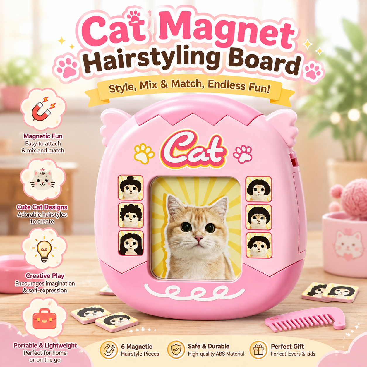 2-in-1 Cat Magnetic Hairstyling & Bead Art Board | Magnetic Creative Drawing Toy | Mix & Match Hair Design | Kids Travel Activity Toy