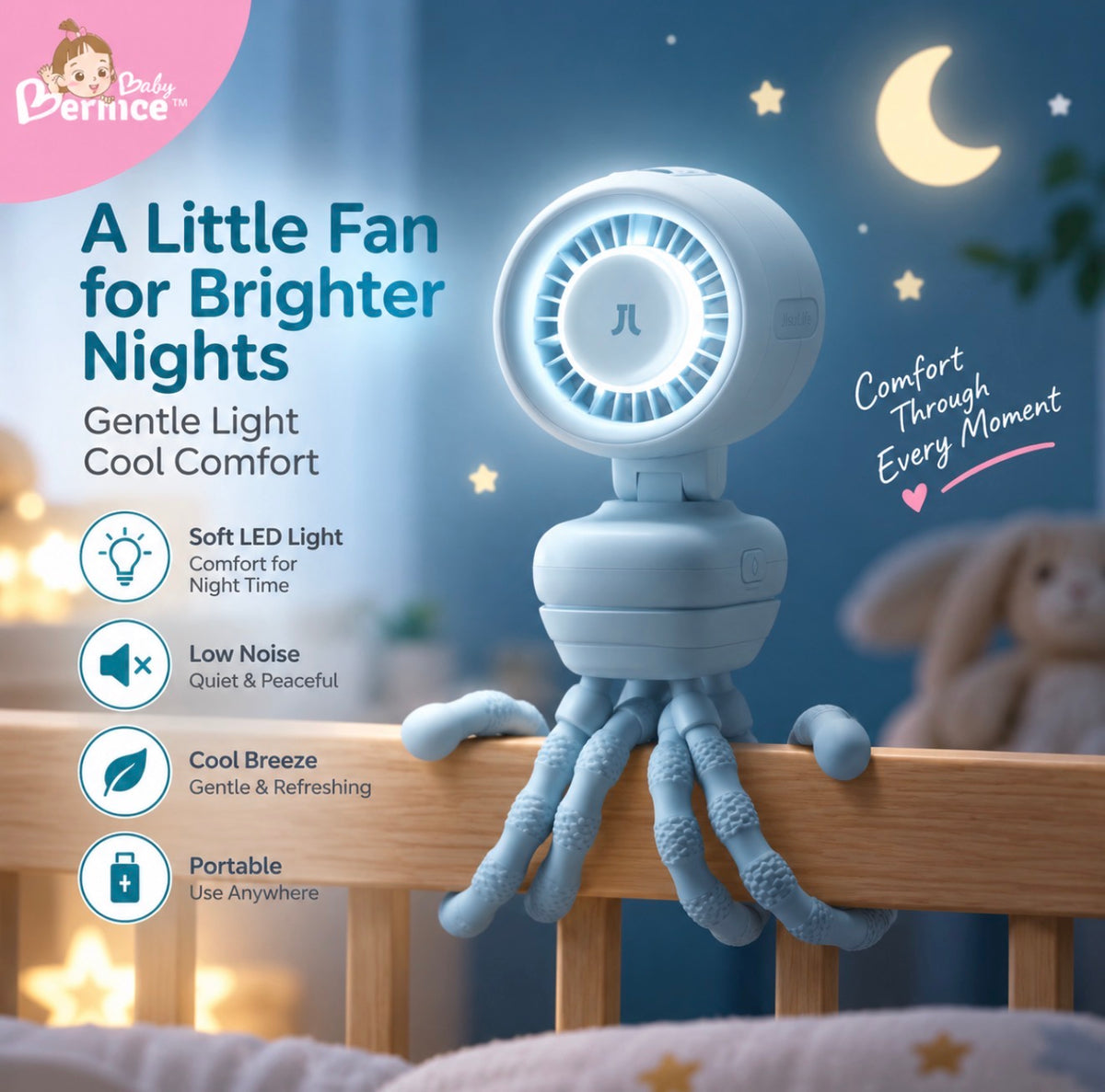 JisuLife Life3 Baby Stroller Fan – 100-Speed Portable Rechargeable Fan with Flexible Octopus Base, 180° Auto Swing & Night Light