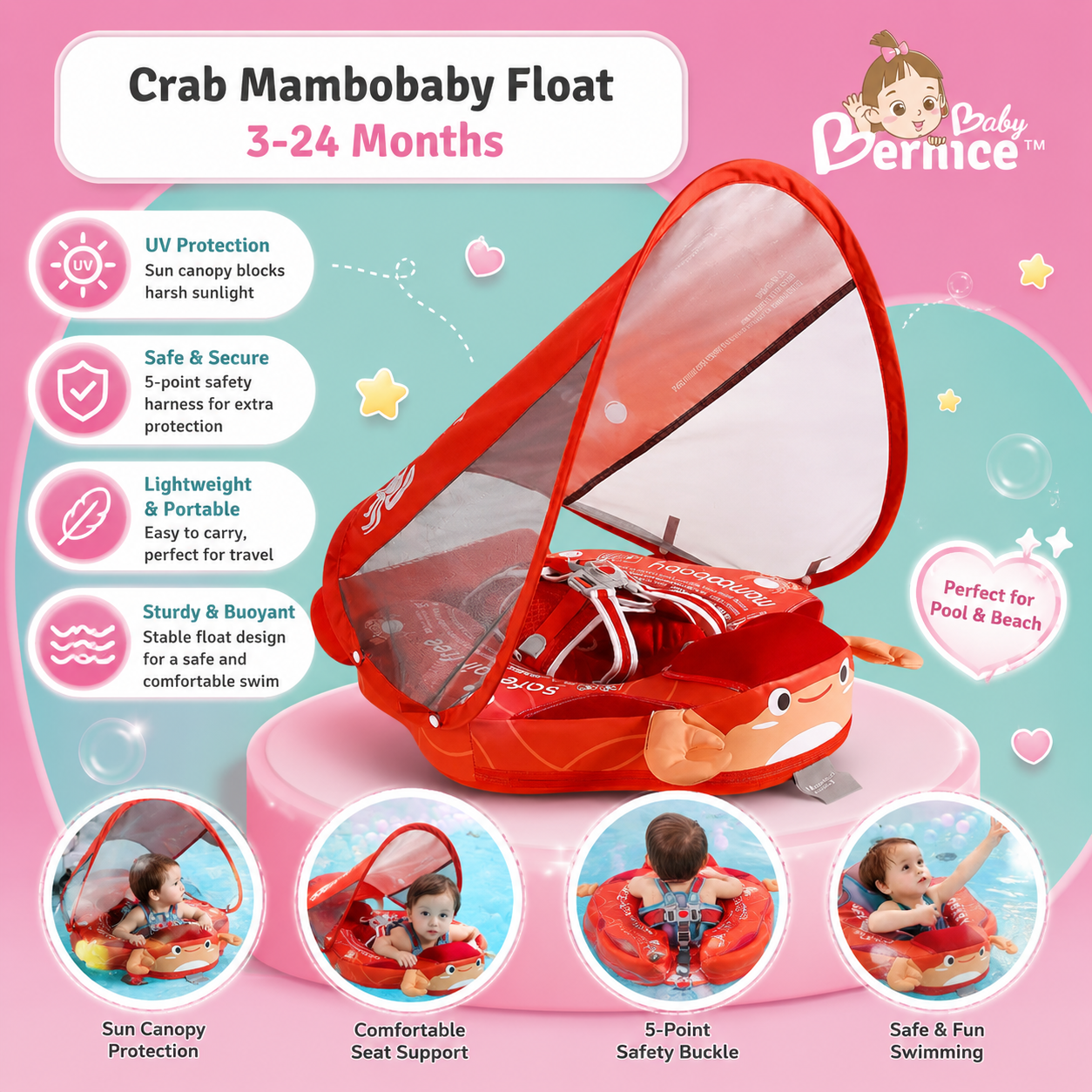 Mambobaby Non-inflatable Baby Swim Float Waterproof Baby Swimming Float Skin-friendly Swim Trainer with Tail Float + Sun Canopy