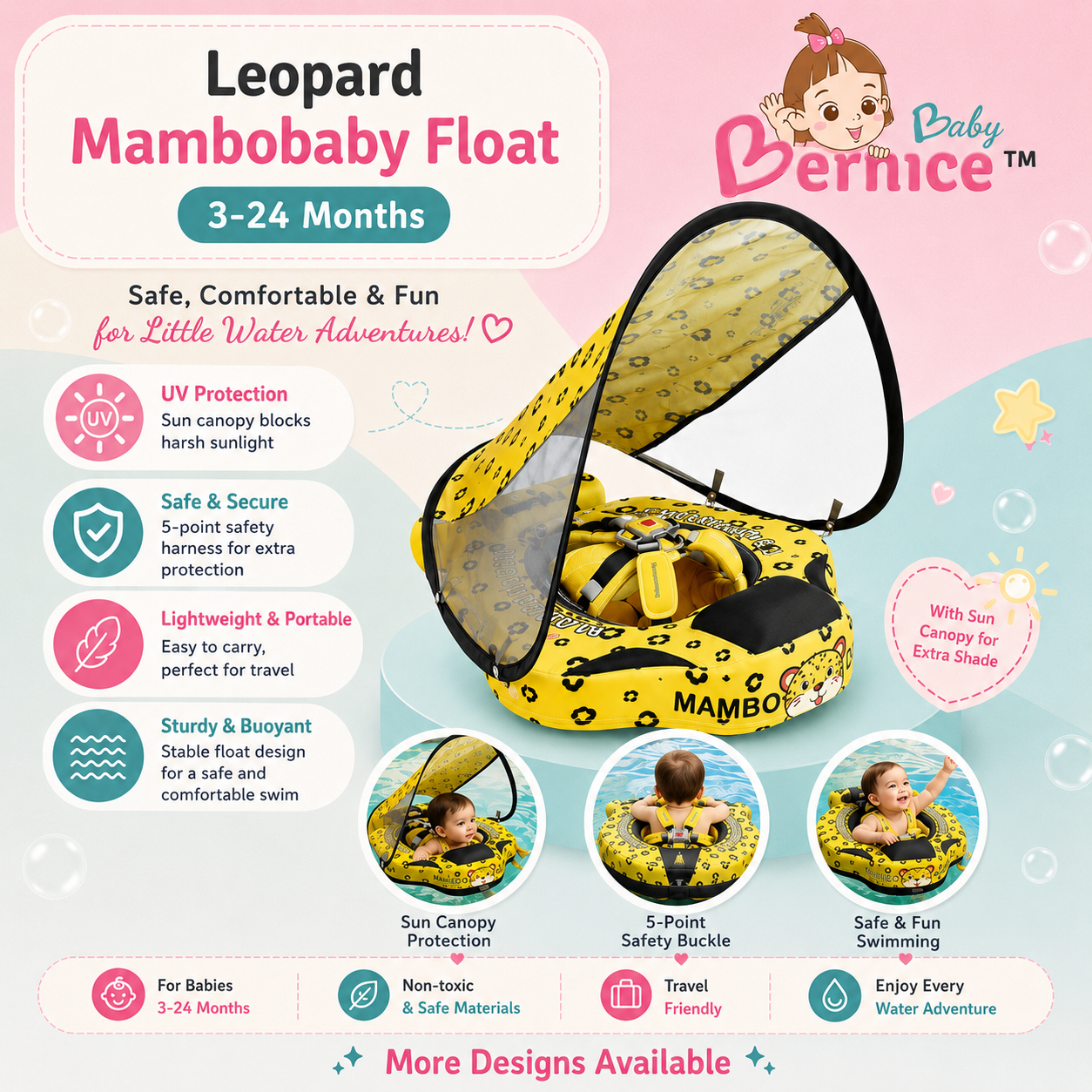 Mambobaby Non-inflatable Baby Swim Float Waterproof Baby Swimming Float Skin-friendly Swim Trainer with Tail Float + Sun Canopy