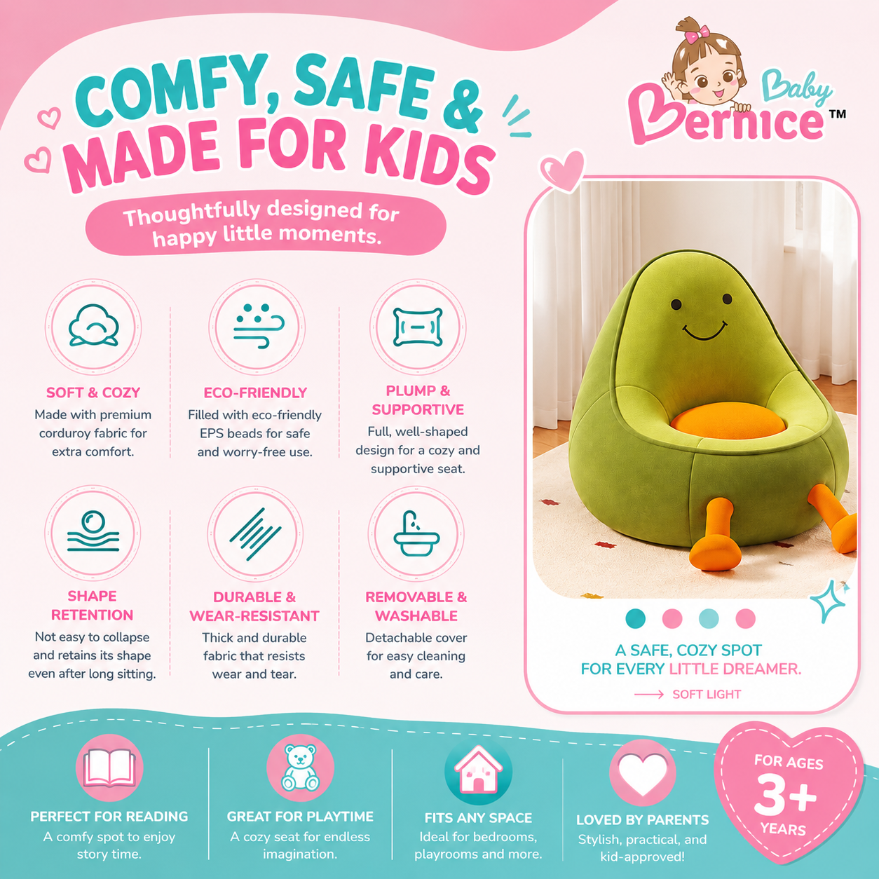 Avocado Kids Bean Bag Sofa | Soft Corduroy Plush Chair for Kids (3+ Years)