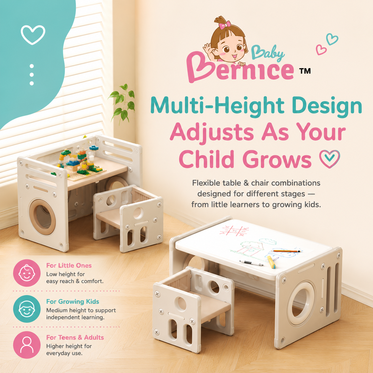 LittleBabyBernice 4-in-1 Multi-Functional Kids Growing Table & Chair Set | Study Desk | Drawing Table | Building Blocks Table | Storage Shelf | HDPE Toddler Activity Table