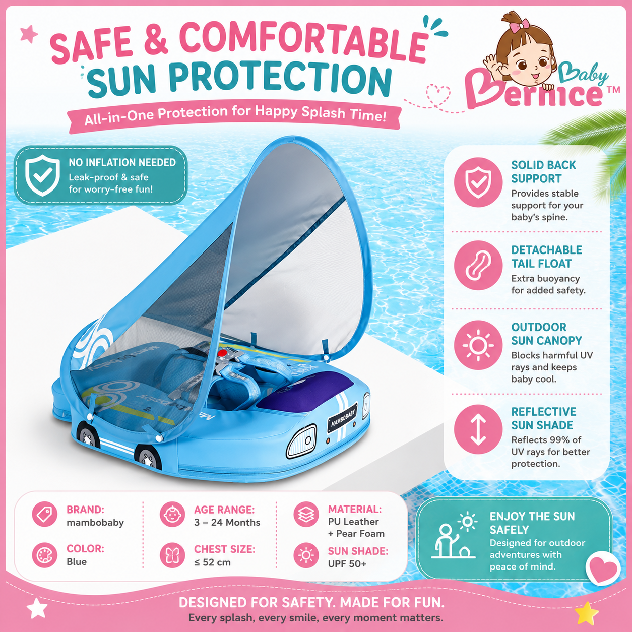 Mambobaby Non-inflatable Baby Swim Float Waterproof Baby Swimming Float Skin-friendly Swim Trainer with Tail Float + Sun Canopy