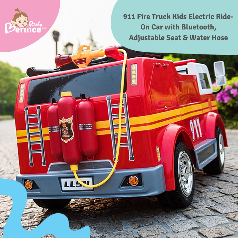 911 Fire Truck Kids Electric Ride-On Car with Bluetooth, Adjustable Seat & Water Hose