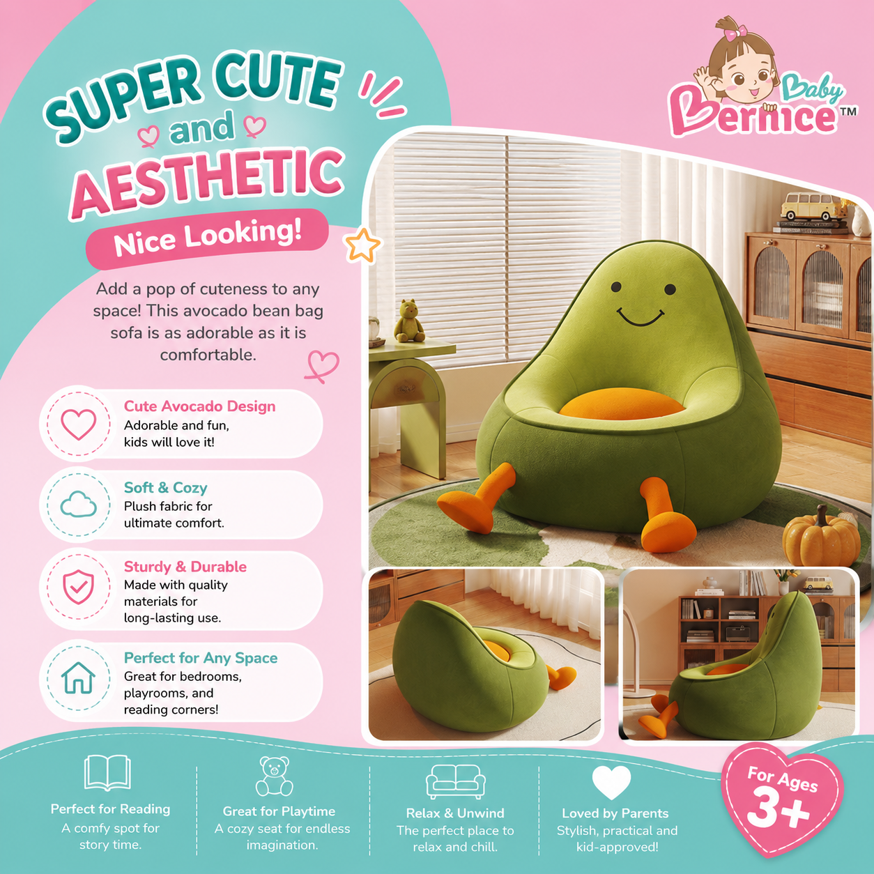 Avocado Kids Bean Bag Sofa | Soft Corduroy Plush Chair for Kids (3+ Years)