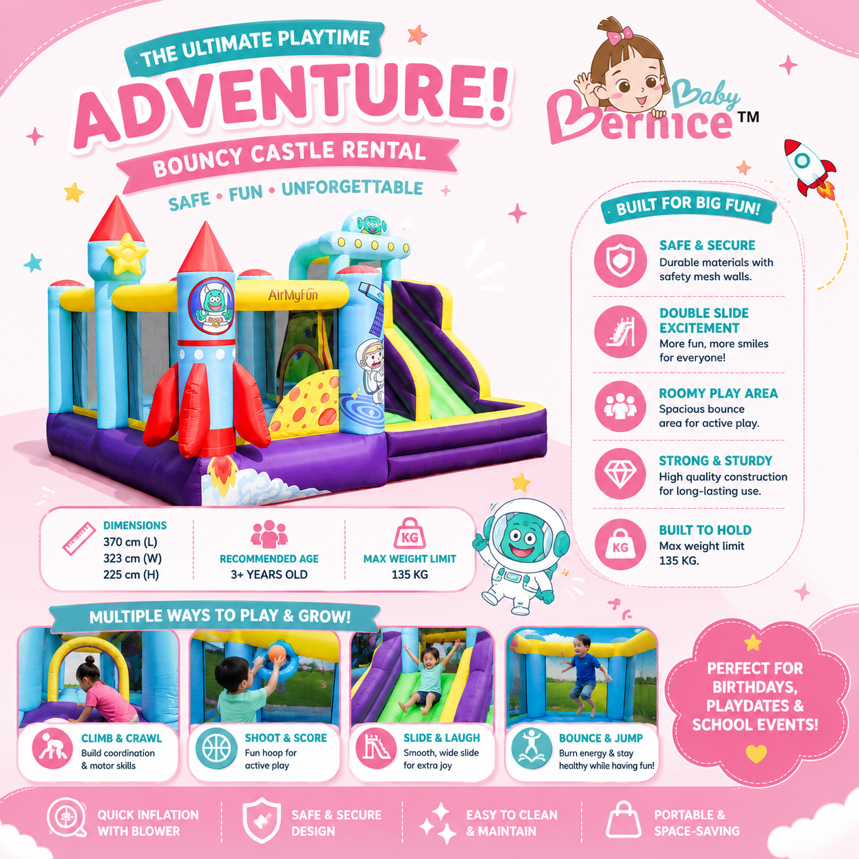 Space Adventure Bouncy Castle Rental | Inflatable Jumping Castle with Slide & Obstacle Playground