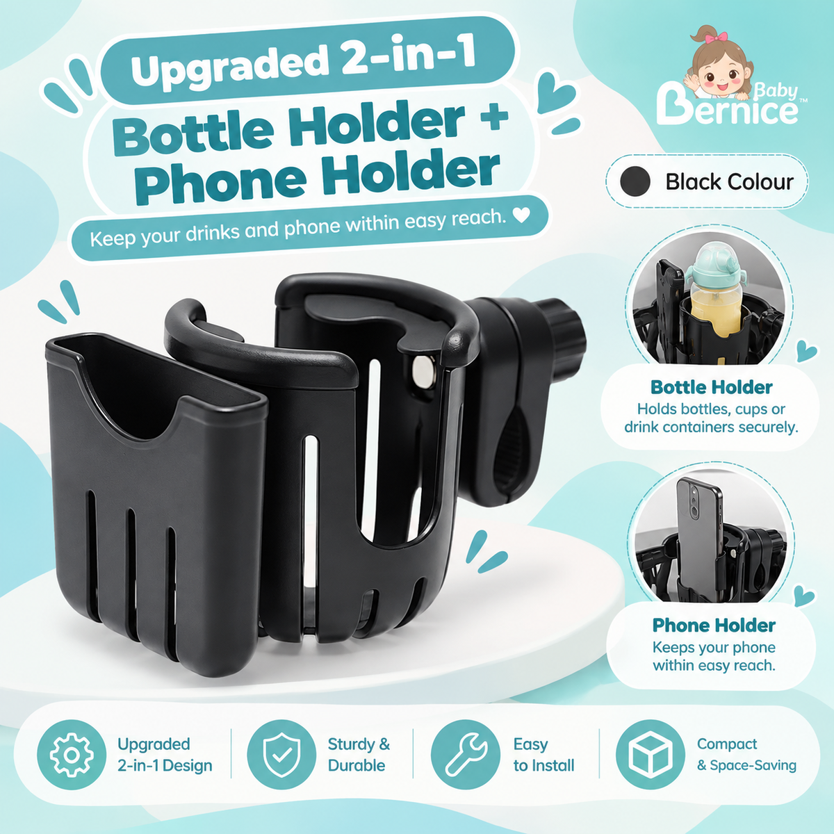 3-in-1 Expandable Stroller Double Cup Holder & Phone Holder | Convertible 2-Cup Drink Stand
