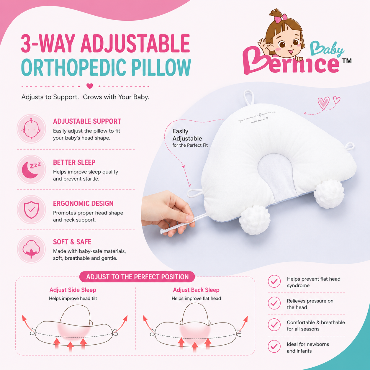 Baby Anti Flat Head Pillow for Newborns & Toddlers | Adjustable Sleeping Pillow Cushion | 0–3 Years