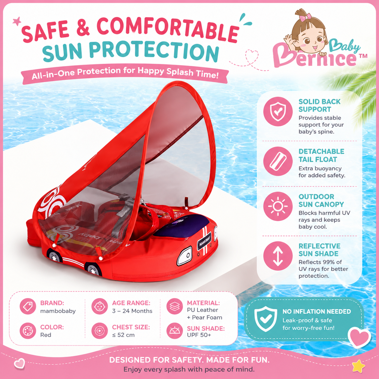 Baby Bernice Premium Baby Swim Float with UPF50+ Sun Canopy | Solid Back Support | Detachable Tail Float