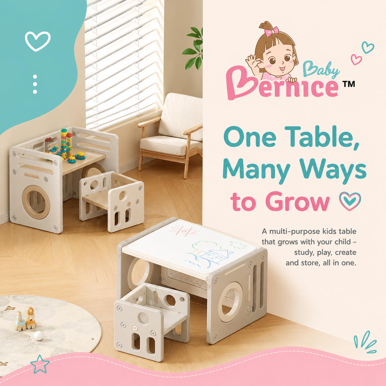 LittleBabyBernice 4-in-1 Multi-Functional Kids Growing Table & Chair Set | Study Desk | Drawing Table | Building Blocks Table | Storage Shelf | HDPE Toddler Activity Table