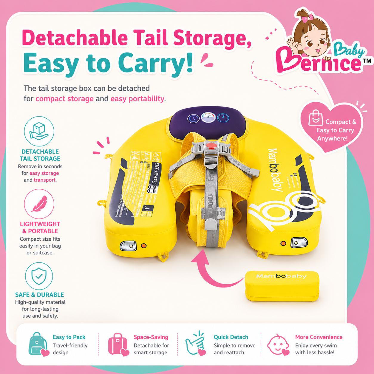 Baby Bernice Premium Baby Swim Float with UPF50+ Sun Canopy | Solid Back Support | Detachable Tail Float