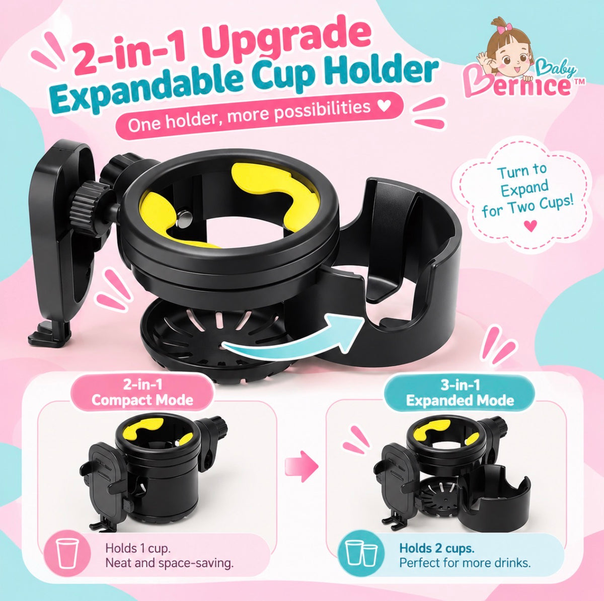 3-in-1 Expandable Stroller Double Cup Holder & Phone Holder | Convertible 2-Cup Drink Stand