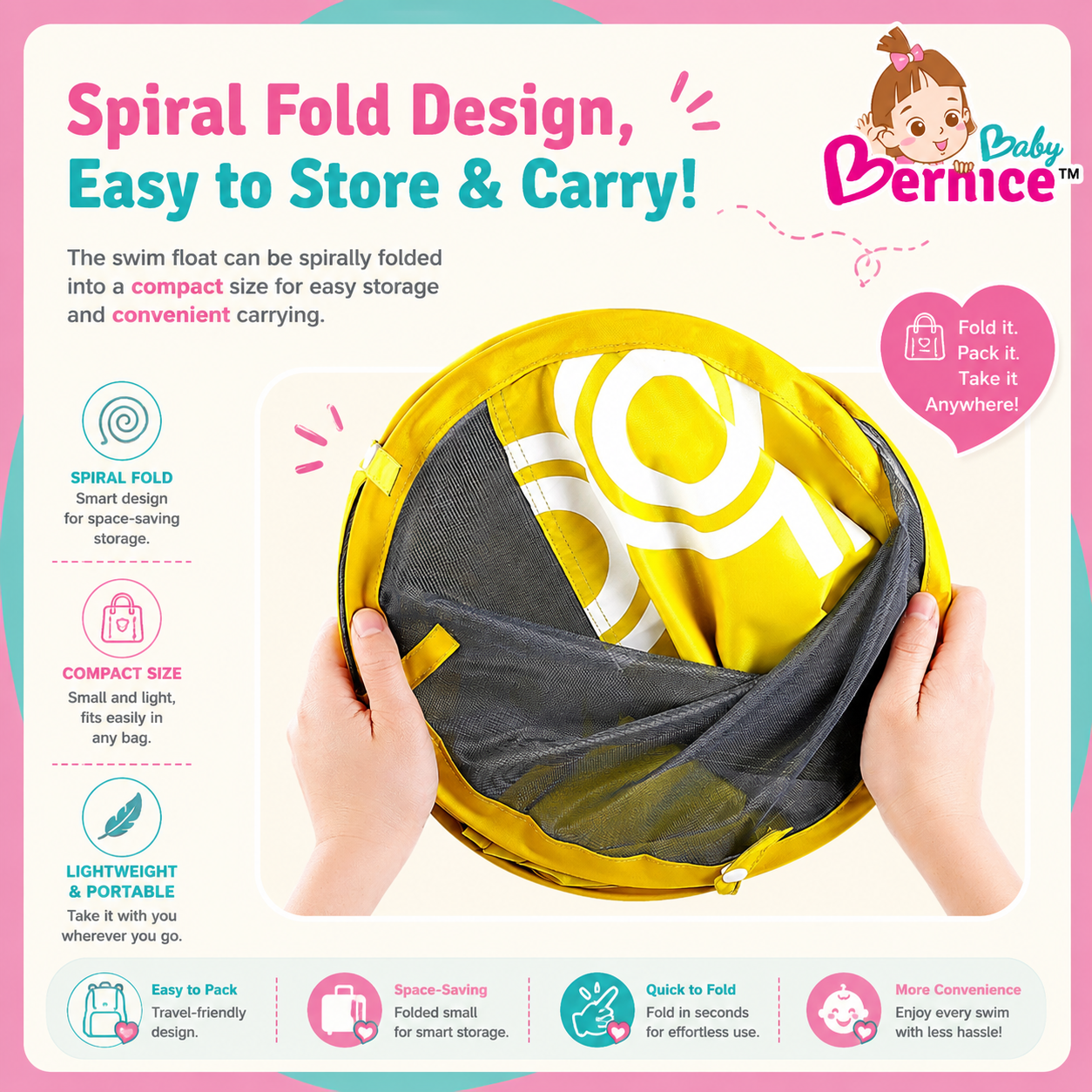 Baby Bernice Premium Baby Swim Float with UPF50+ Sun Canopy | Solid Back Support | Detachable Tail Float
