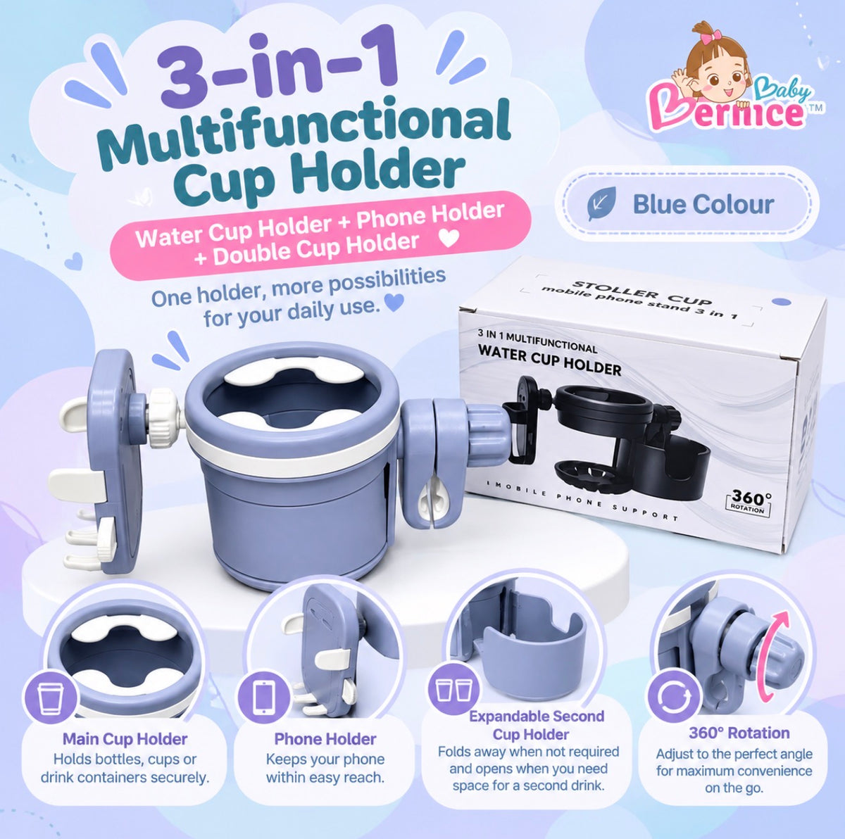 3-in-1 Expandable Stroller Double Cup Holder & Phone Holder | Convertible 2-Cup Drink Stand
