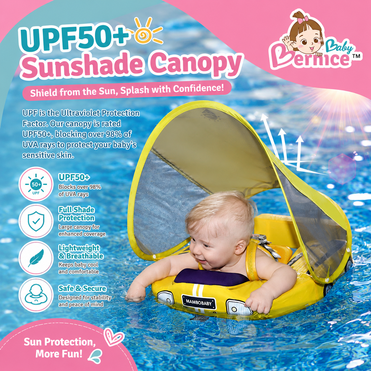 Baby Bernice Premium Baby Swim Float with UPF50+ Sun Canopy | Solid Back Support | Detachable Tail Float