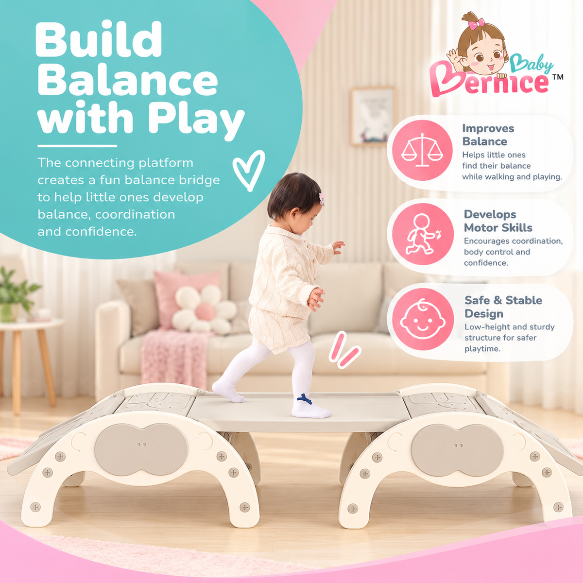 Baby Bernice 4-in-1 Multifunctional Toddler Climbing Slide & Rocker | Montessori-Inspired Indoor Playset | Balance & Motor Skills
