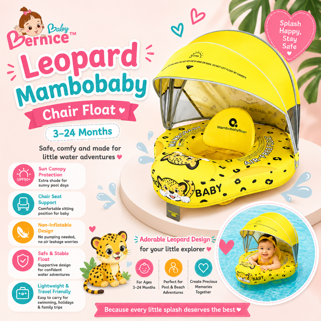 Mambobaby Non-inflatable Baby Swim Float Waterproof Baby Swimming Float Skin-friendly Swim Trainer with Tail Float + Sun Canopy