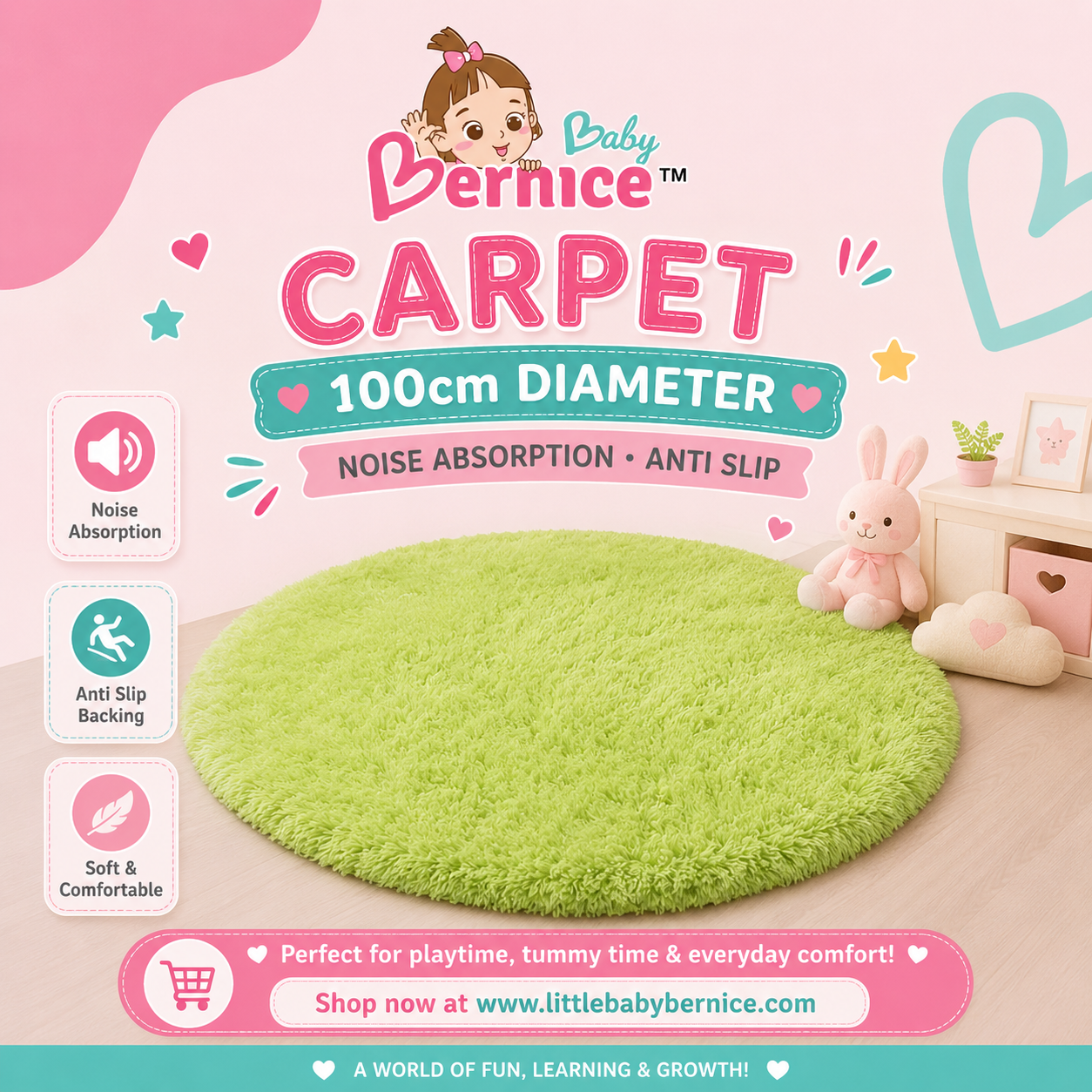 100cm Round Plush Carpet | Soft, Anti-Slip & Noise-Reducing Play Mat | Perfect Add-On for Jumperoos & Play Gyms