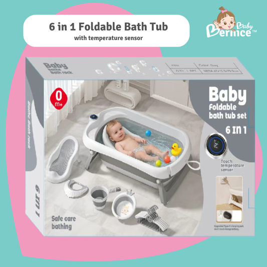 6-in-1 Foldable Baby Bath Tub Set with Temperature Sensor | Newborn Bath Cushion | Shower Cap | Hangers | Portable Infant Bathtub