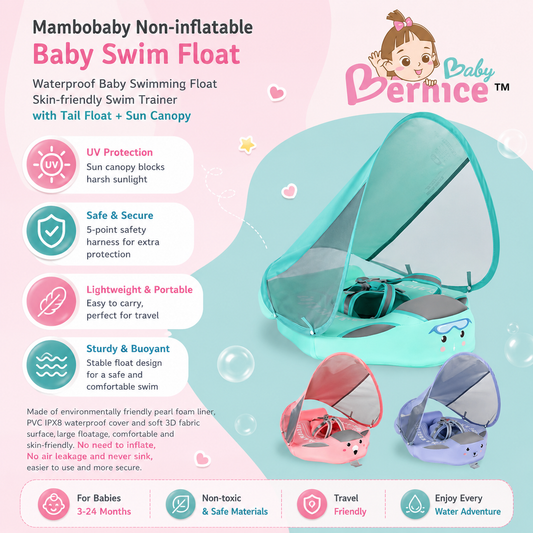 Mambobaby Non-inflatable Baby Swim Float Waterproof Baby Swimming Float Skin-friendly Swim Trainer with Tail Float + Sun Canopy