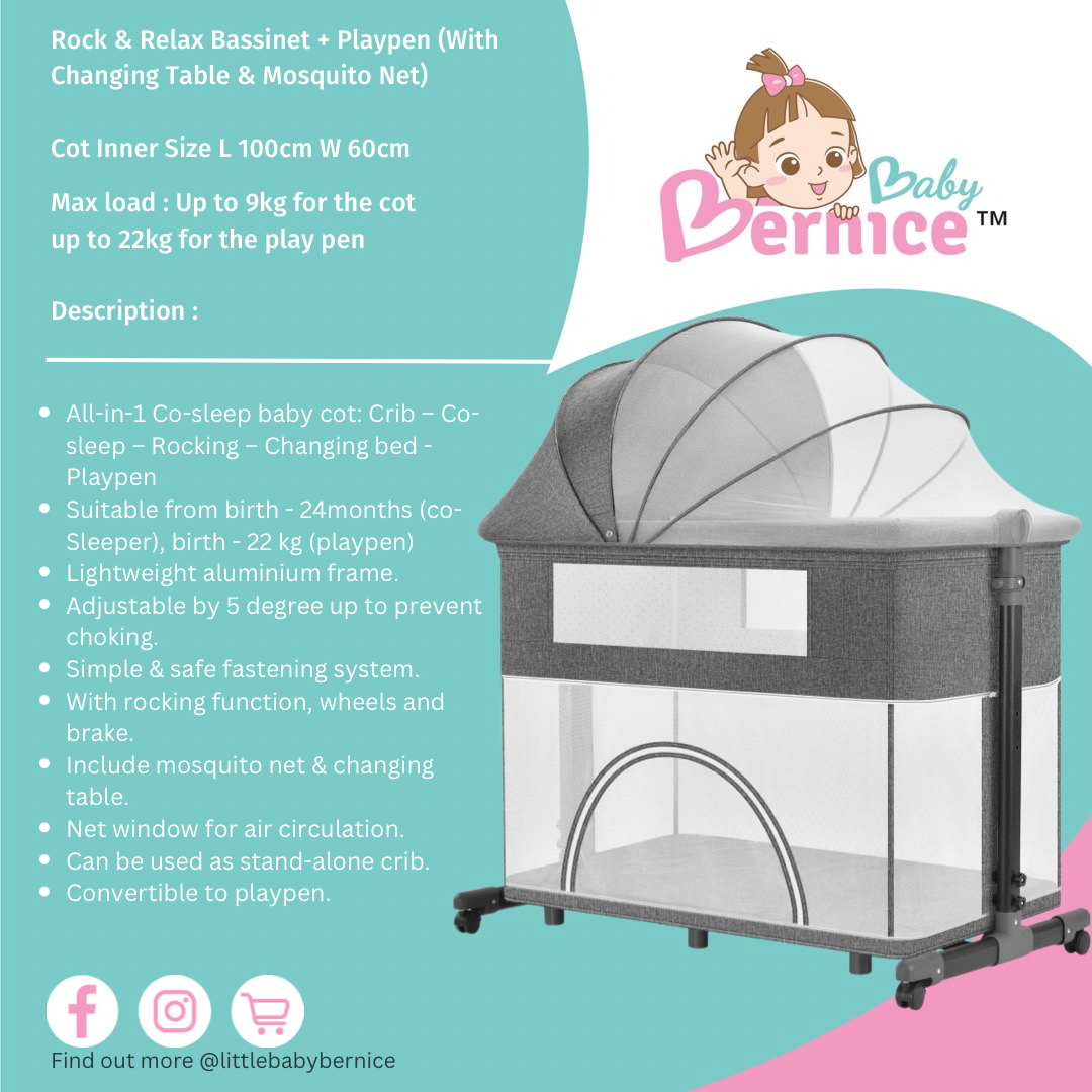 Rock & Relax Bassinet + Playpen (With Changing Table & Mosquito Net)