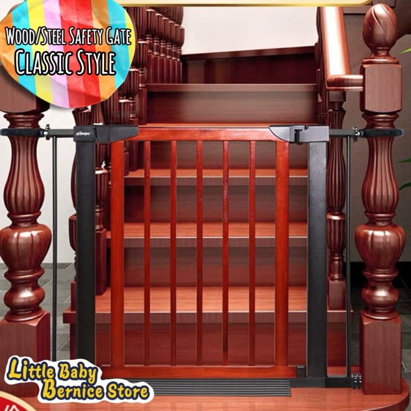 Dark Red Pine Wood and Black Metal Baby Safety Gate / Pets Safety Gate