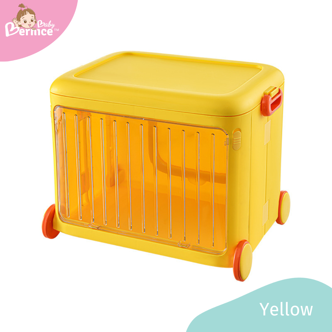 Toys container with pulley and transparent lockable lid