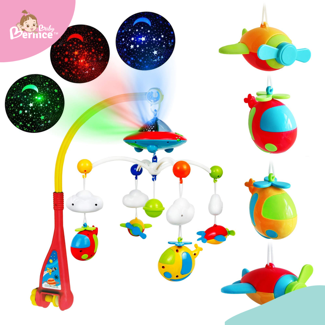 Baby Crib Mobile with Music and Lights, Remote Control and Light Projector with Stars. Musical Mobile for Crib with Space, Airplanes and Clouds Theme. Nursery Toys for Babies 0-24 Months