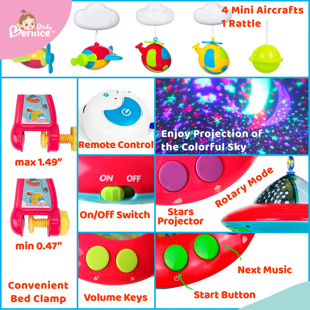 Baby Crib Mobile with Music and Lights, Remote Control and Light Projector with Stars. Musical Mobile for Crib with Space, Airplanes and Clouds Theme. Nursery Toys for Babies 0-24 Months