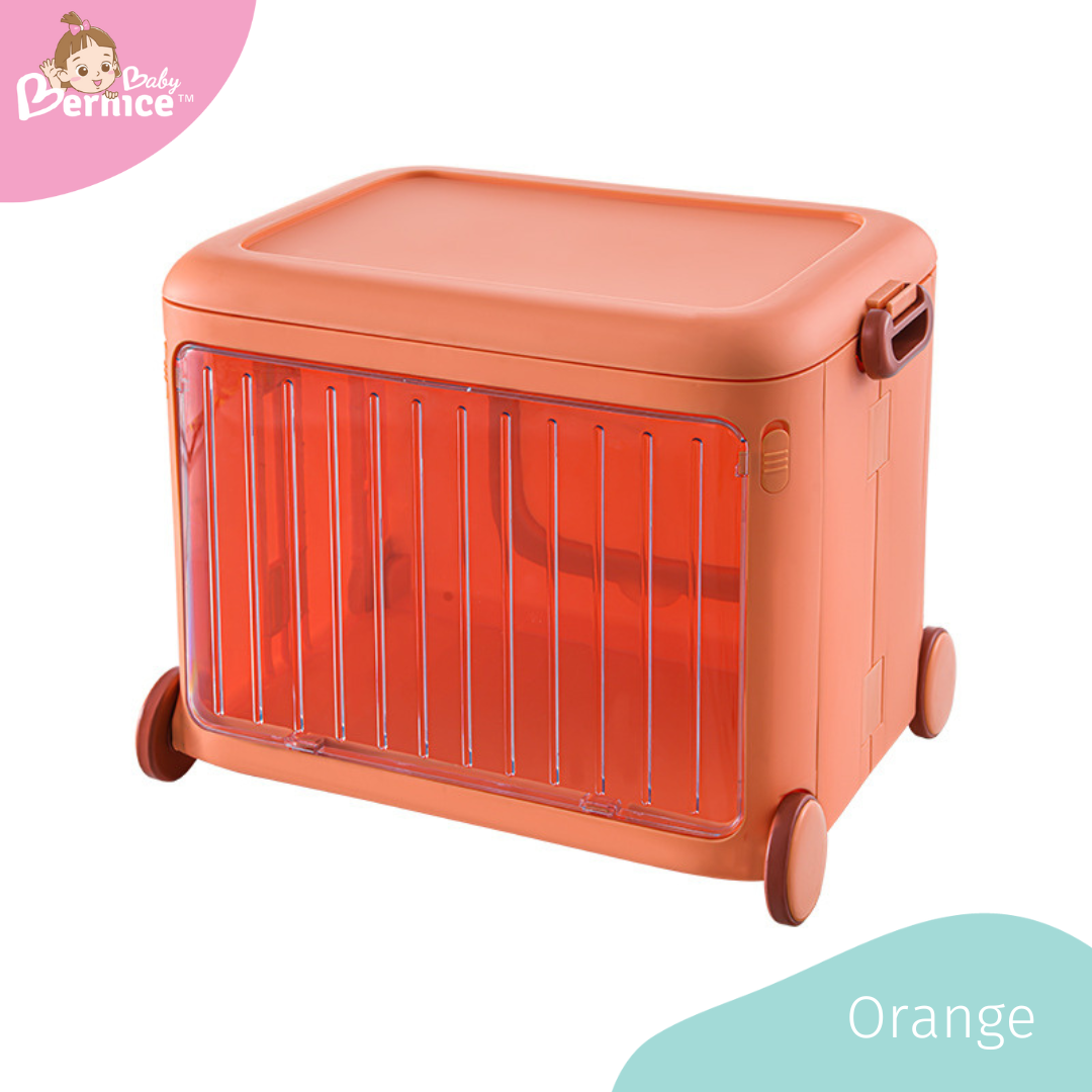 Toys container with pulley and transparent lockable lid