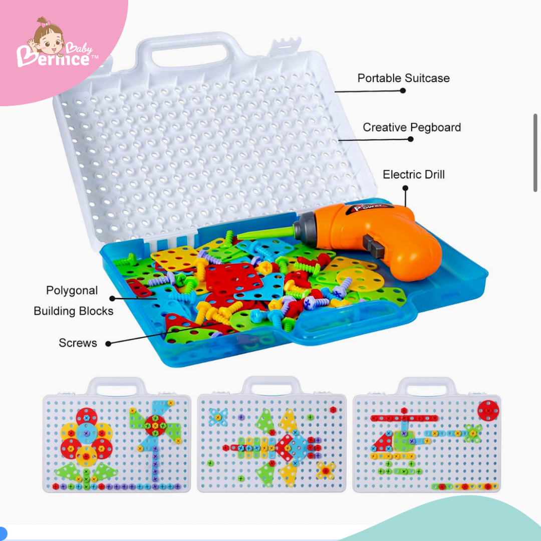 Creative Mosaic Puzzle Toy With Electric Drill Screw Tool Set, DIY Construction Engineering Building Blocks STEM Learning Toy, Games Activity Center for Boys & Girls