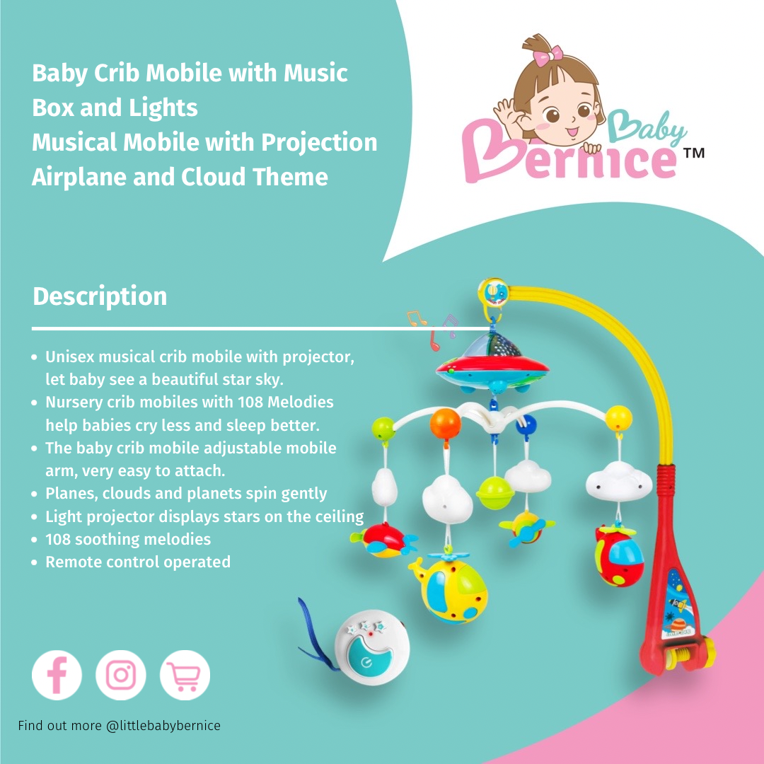 Baby Crib Mobile with Music and Lights, Remote Control and Light Projector with Stars. Musical Mobile for Crib with Space, Airplanes and Clouds Theme. Nursery Toys for Babies 0-24 Months