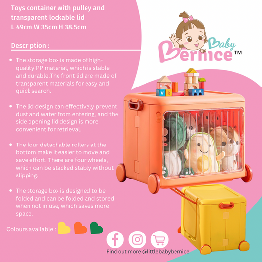 Toys container with pulley and transparent lockable lid