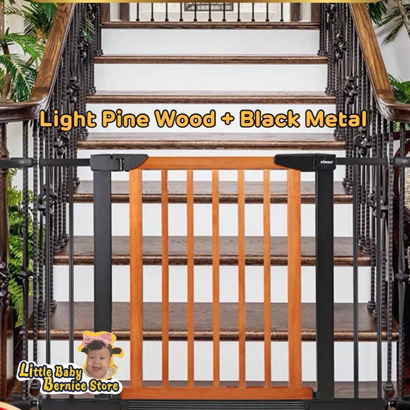 Light Pine Wood and Black Metal Baby Safety Gate / Pets Safety Gate