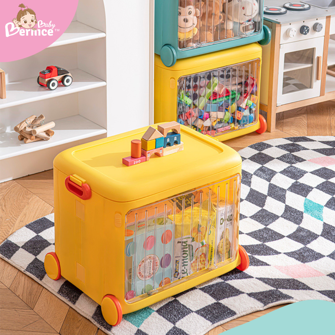 Toys container with pulley and transparent lockable lid